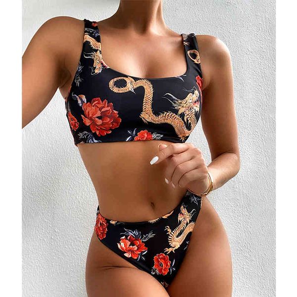 

mossha bandeau high waist bikini push up swimwear women 2021 dragon printed set retro swimsuit female bathing suit, White;black