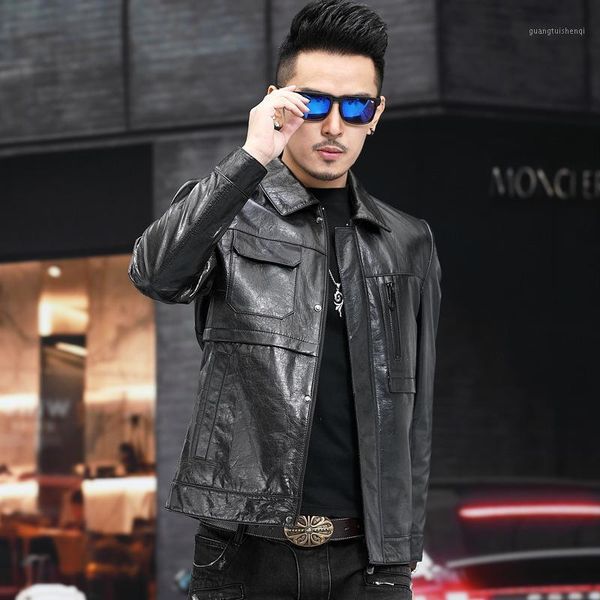 

men's leather & faux autumn jacket slim lapel motorcycle man, Black