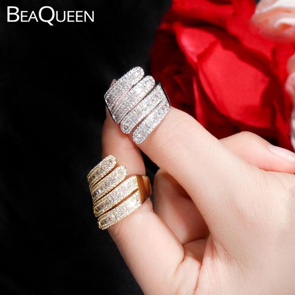 

wedding rings beaqueen dubai luxury for women cubic zirconia gold and silver color adjustable finger ring party jewelry r108, Slivery;golden