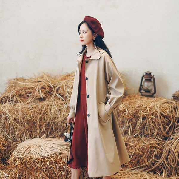 

women's trench coats windbreaker middle school long korean loose student 2021 coat fashion in autumn big size over the knee, Tan;black
