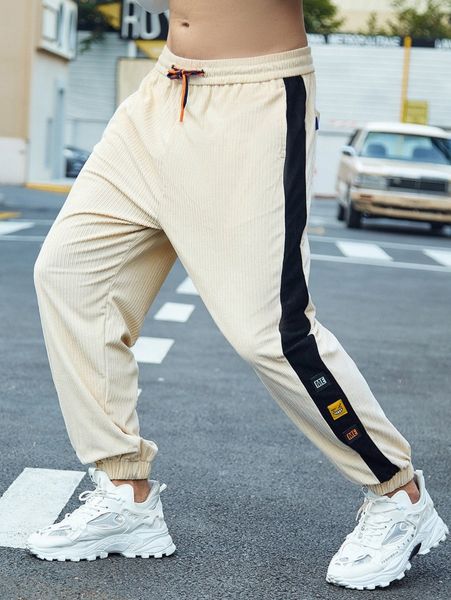 

men patched detail contrast side seam drawstring waist pants f4ll#, Black