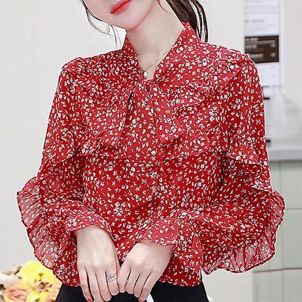 

women's blouses & shirts women blusas mujer de moda 2021 long sleeve blouse ruffles print chiffon shirt blusa d379, White