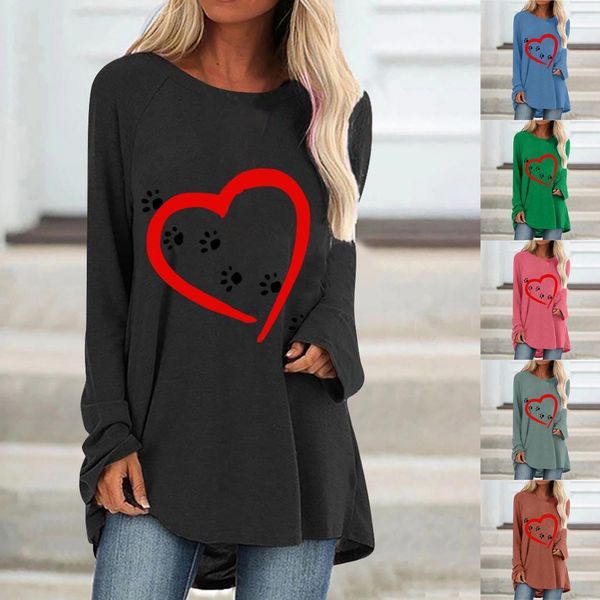 

graphic tshirts heart print women t shirts o neck loose long sleeve letter pullover, White