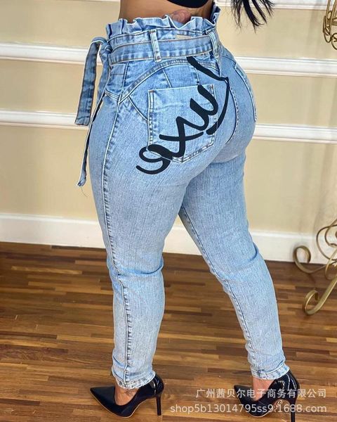 

women's jeans letter printed blue belt denim strap 2021 autumn winter fashion leisure