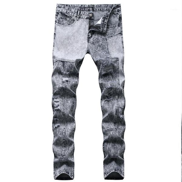 

men's european and american personalized trendy patchwork worn straight denim trousers youth snowflake casual jeans, Blue