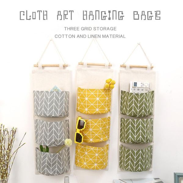 

storage bags 3 pockets hanging bag wall mounted cotton linen toys pouch children bedroom sundries organizer home decor