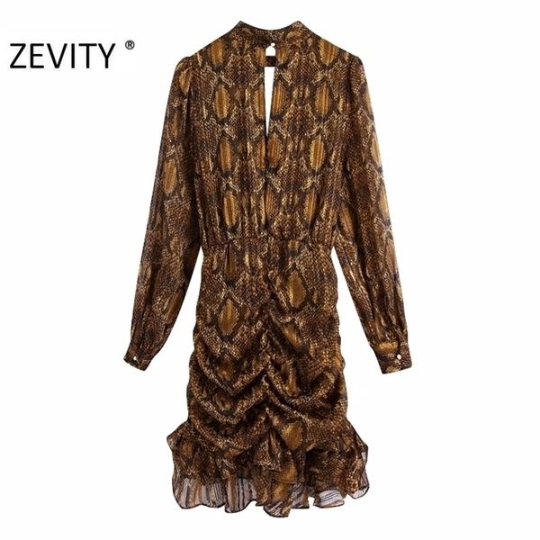 

zevity women stand collar snake skin print hem ruffles pleated mini dress female front hole long sleeve vestido ds4625, Black;gray