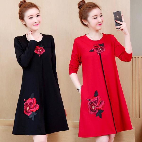 

casual dresses 2021 vintage black floral mini autumn winter 5xl plus size print long sleeve dress elegant women bodycon party vestidos, Black;gray