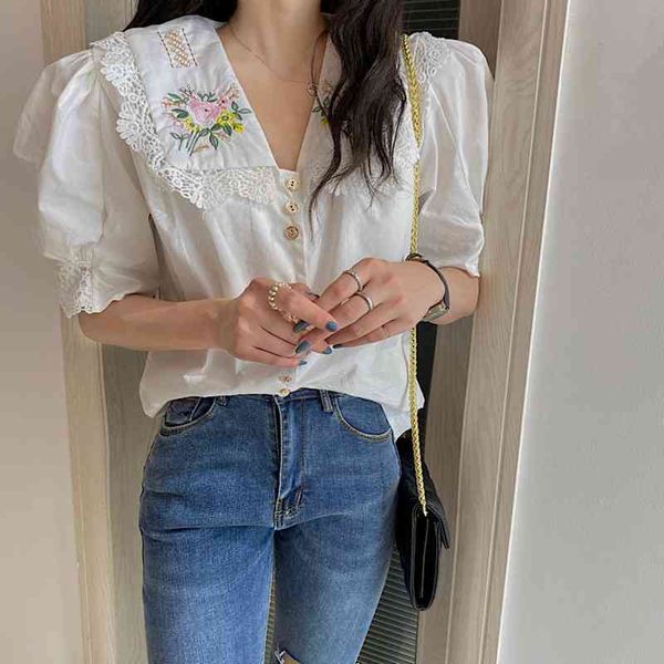 

women's knits & tees summer korean short-sleeved embroidered flowers sweet ladies shirt cotton new sailor collar short sleeve blou, White