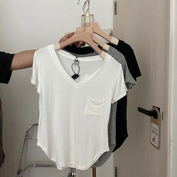 

women's t-shirt modal cotton solid thin crop summer clothes korean ladies aesthetic pockets asymmetrical v-neck short sleeve, White