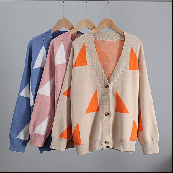 

geomatric v neck loose women sweaters knit cardigans autumn winter long sleeve thicken open cardigan jacket coat outfits, White;black