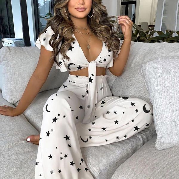 

v neck womens pants short sleeve two piece set summer elegant ruffle tie sets ladies fashion casual boho suit, White