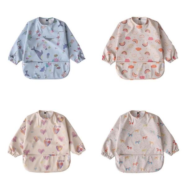 

bibs & burp cloths 2 sizes baby waterproof with long sleeved soft pu leather infant eating bib pocket children apron feeding cloth