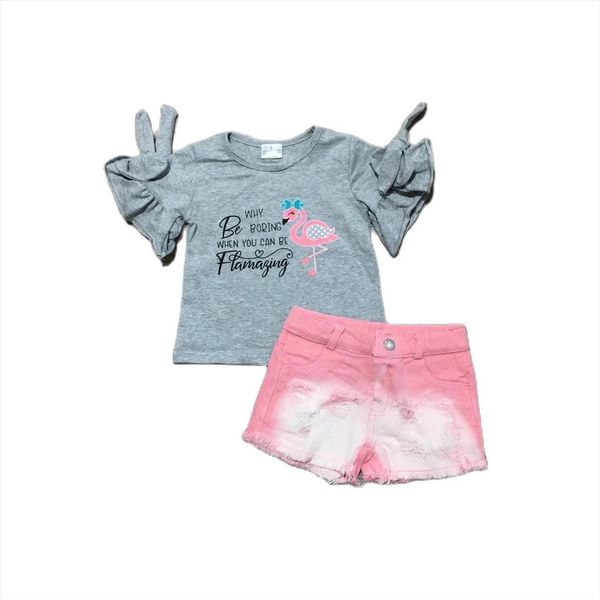 

summer baby girls kids clothing children clothes denim jeans shorts set flamingo outfits ruffles boutique, White