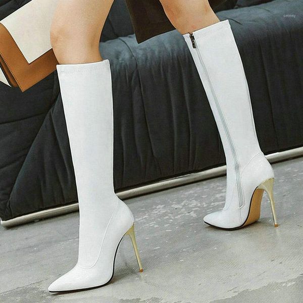 

boots 2021 autumn winter women knee high patent pu leather thin heel fashion pointed toe zipper ladies shoes1, Black