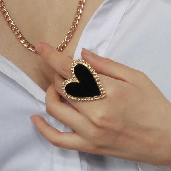 

cluster rings lifefontier vintage red black enamel love heart shaped for women adjustable gold color metal party jewelry gift, Golden;silver