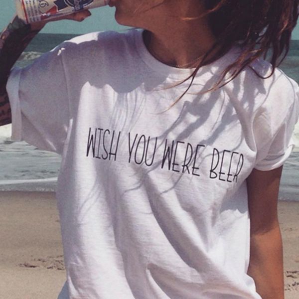 

women's t-shirt we wish you were beer t-shirts 100% cotton crewneck short sleeve funny fashion tees for drinker wine women ladies girl, White