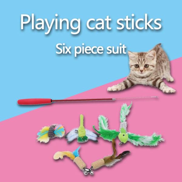 

cat toys 6pcs pet toy fishing rod feathers funny pole with five replacement head interactive for cats kitten durable