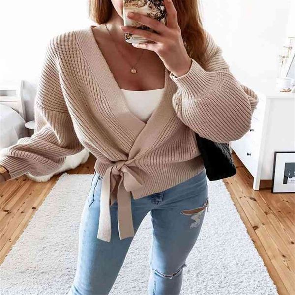 

women sweater v-neck lace-up belt long sleeve slim fit spring autumn cardigans elegant ladies clothing knitwear 210522, White