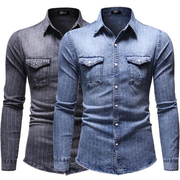 

men's casual shirts spring and autumn solid color striped single-breasted slim business long-sleeved denim, White;black