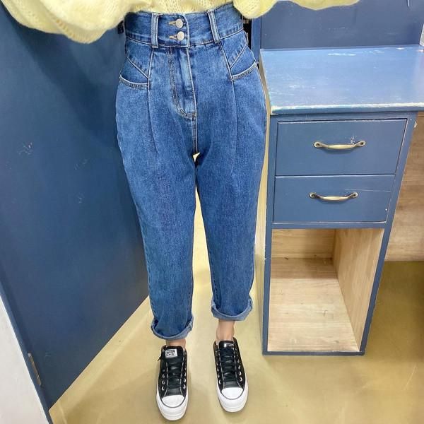 

women's jeans vintage harem pants high waist denim trousers streetwear button chic female pockets 2021 spring summer, Blue