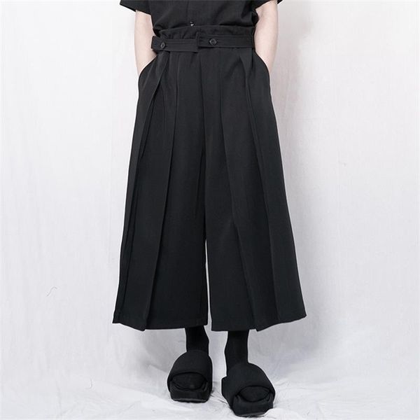 

men's pants 2021 casual wide leg skirt pleated super loose dark nine point, Black