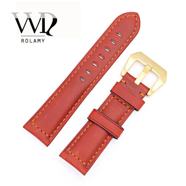 

watch bands rolamy 22 24mm red real leather handmade replacement thick vintage wrist band strap with gold color brushed buckle, Black;brown