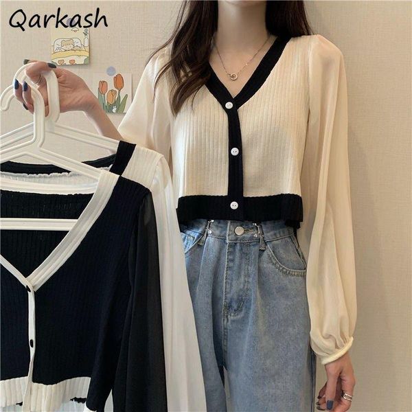

women's knits & tees cardigan women v-neck trendy ins spring female long sleeve casual patchwork all-match sweater chic retro crops fal, White