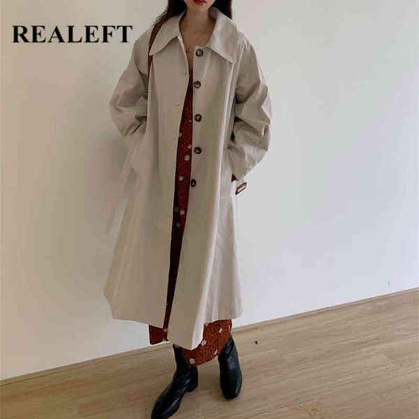 

autumn winter chic minimalist women's long trench sashes windbreaker casual loose single breasted coats lady 210428, Tan;black