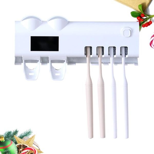 

toothbrush sanitizing rack toothpaste dispenser bathroom shelf (white) bath accessory set