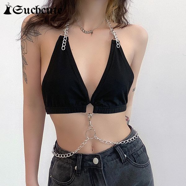 

women's tanks & camis v-neck backless party clubwear crop for women goth aesthetic chain bustier summer 90s rave out, White