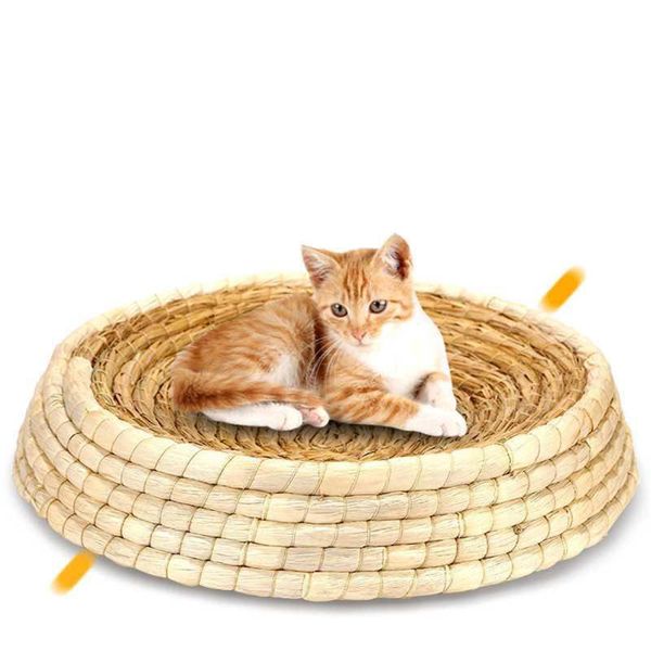 

cat beds & furniture natural woven rattan pet nest basket grinding claw round shaped puppy scratcher house straw sleeping bed pad