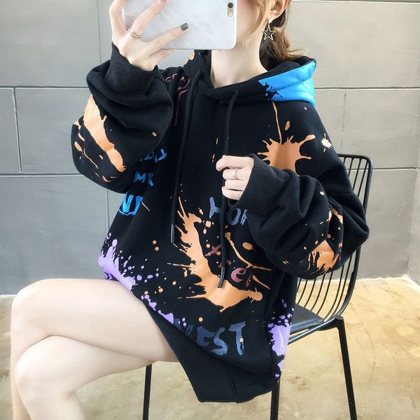 

sweater autumn hooded and winter fashion loose letter printed fce large women's coat, Black