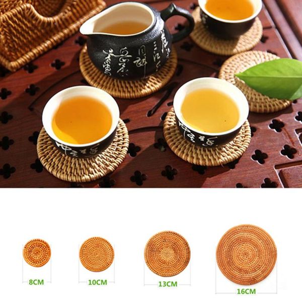 

mats & pads 8/10/13/16/18/20cm rattan bamboo coasters round table padding natural bowl cup mat hand-made insulation placemats kitchen tools