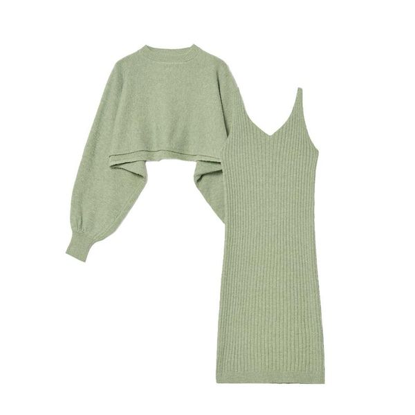 

casual dresses pinkou women elegant knitted 2 piece set dress long sleeve stretchy fabric knee length midi sweater qa44, Black;gray