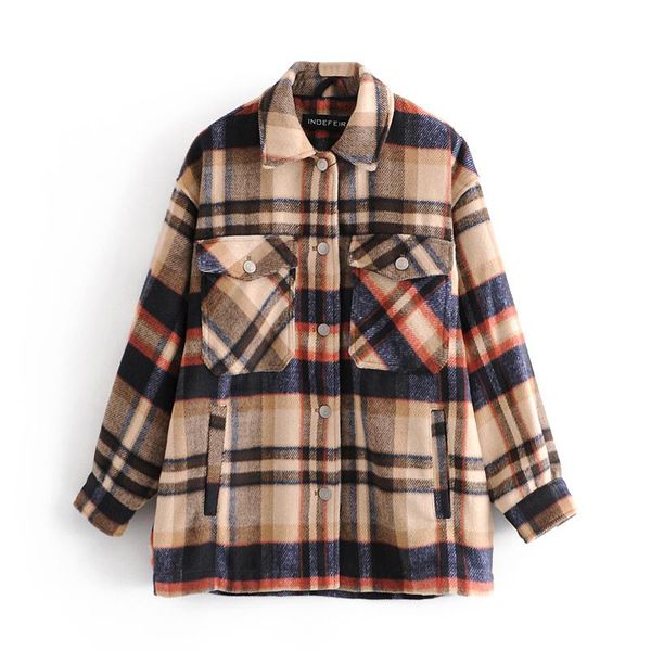 

2021autumn women's lazy plaid shirt jacket jackets, Black;brown