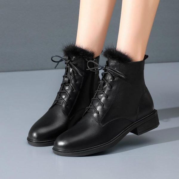

boots fur winter snow ankle women genuine leather black 2021 fashion flats short shoes lace up motorcycle lady