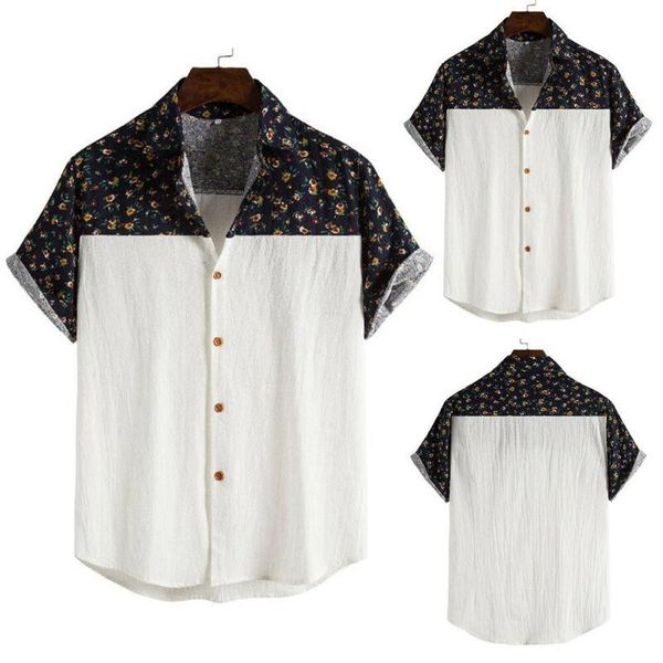 

men's t-shirts mens patchwork short sleeve thin t-shirt botton up casual blouse summer, White;black