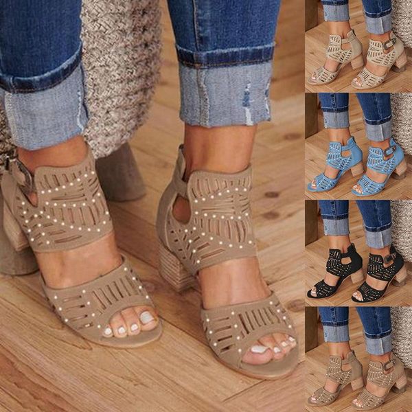 

women fashion sandals vintage hollow out peep toe square heel wedges high heels shoes zapatos mujer, Black