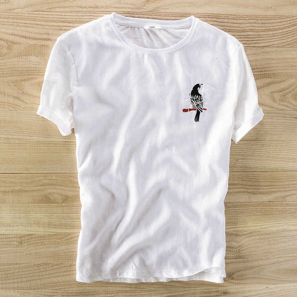 

women's t-shirt novo vero bordado curto-de mangas compridas t-shirt costura solta casual mens t camisas de linho branco marca camiseta, White