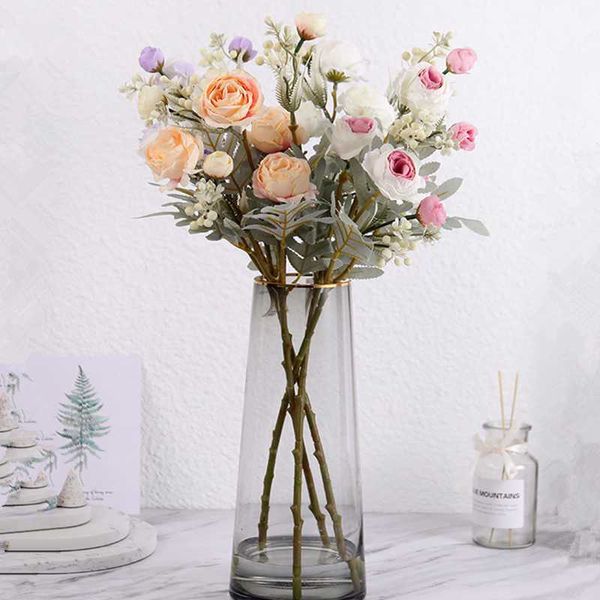 

1pc double color rose artificial silk flower branch wedding party home decoration fake flowers ornaments decorative & wreaths