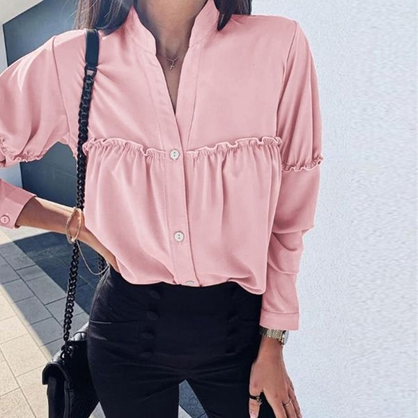 

women's knits & tees autumn long sleeve stand collar blouses shirt spring women casual patchwork solid female single-breasted, White