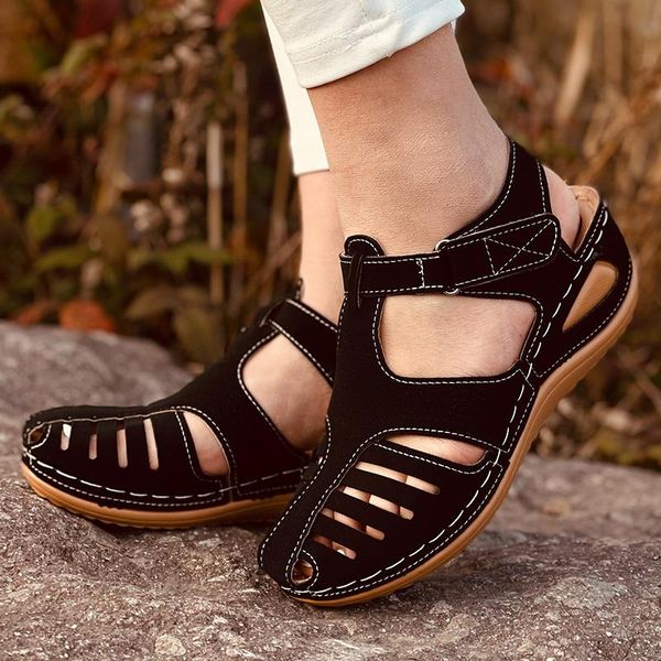 

sandals woman summer leather vintage buckle casual sewing women retro sandalias female ladies platform shoes plus size, Black