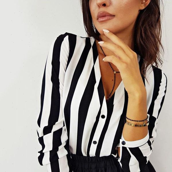 

summer striped black white women shirt elegant v neck button ol casual loose vintage camisa feminina