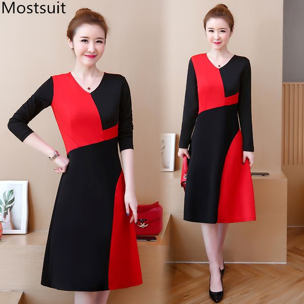 

l-5xl color-blocked long dress women plus size sleeve v-neck dresses spring autumn vintage elegant vestidos black blue 210518, Black;gray