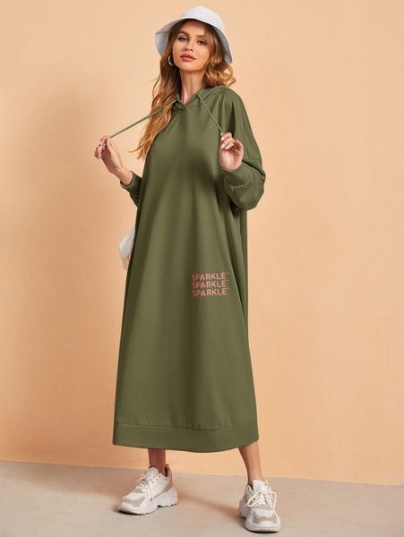 

drop shoulder solid drawstring hooded dress 210l#, White;black