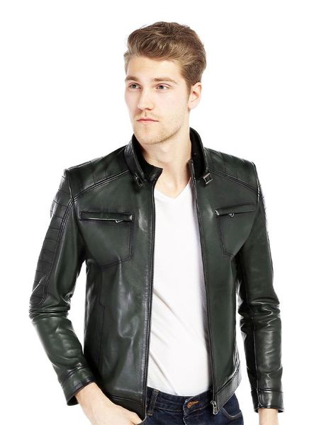 

men's leather & faux genuine soft handmade green man jacket biker style lambskin metal zipperfor winter gift season, Black