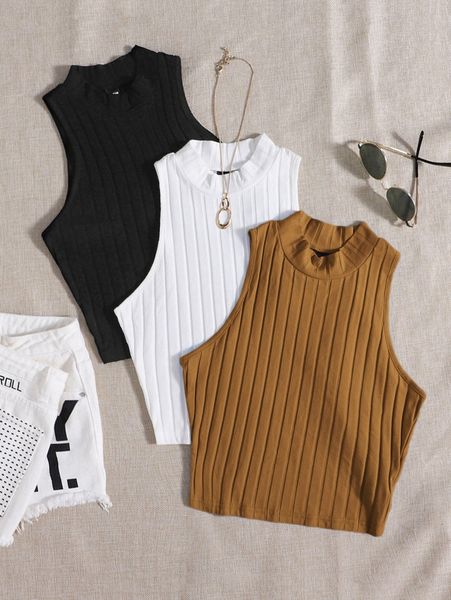 

3 pack mock neck rib-knit tank t06t#, White