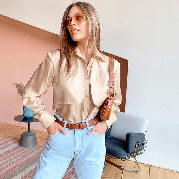 

long sleeve chic satin blouse shirts women streetwear ladies office work blouse autumn winter 210415, White