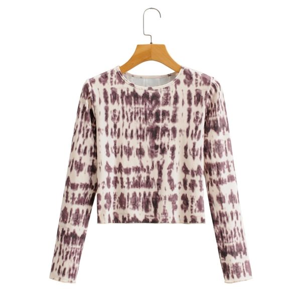

spring women abstract pattern knitting short t shirt casual female o neck long sleeve slim t1391 210430, White